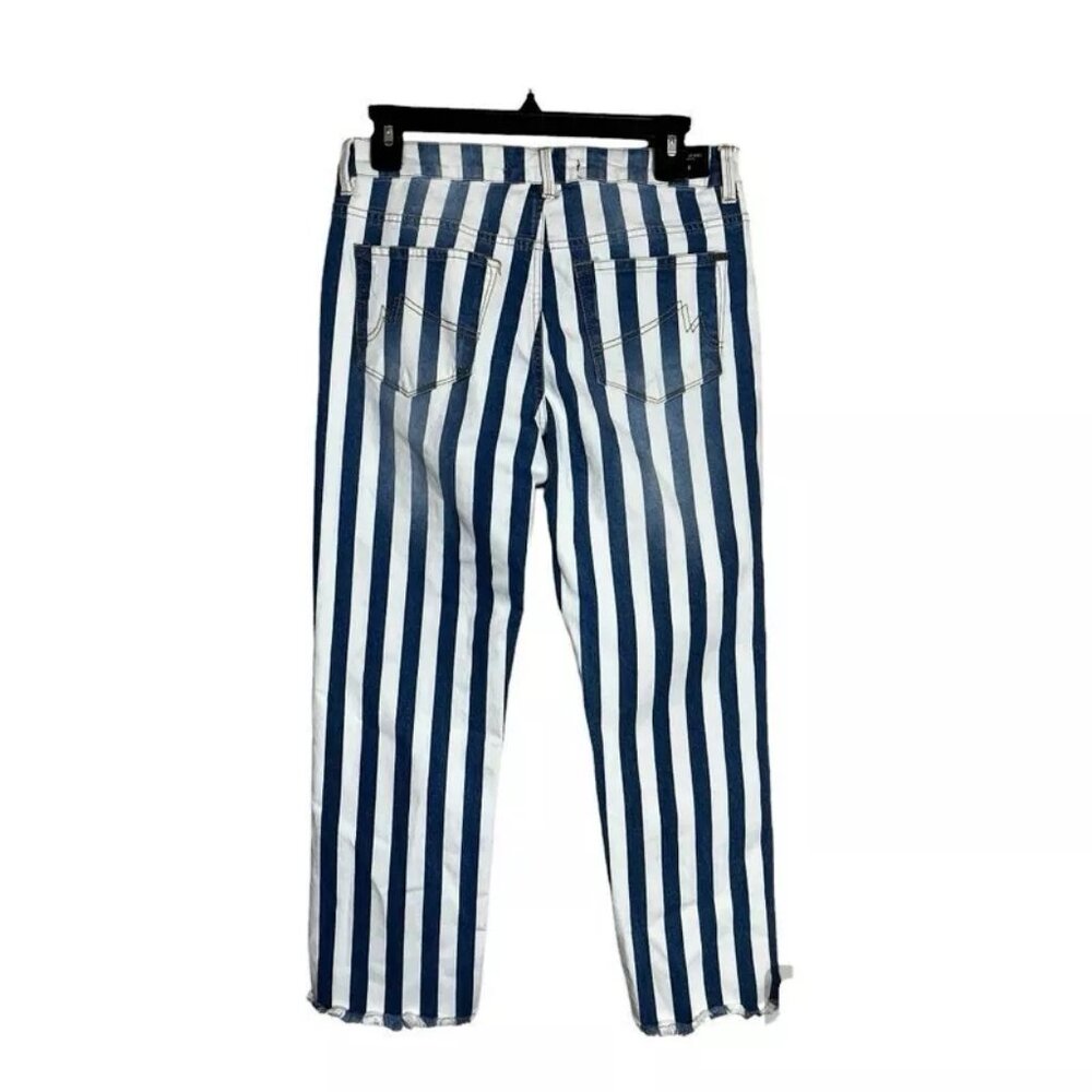 NWT Max Jeans Women's 8 Blue Bold Stripe Fray Hem Distressed Ankle Stretch New